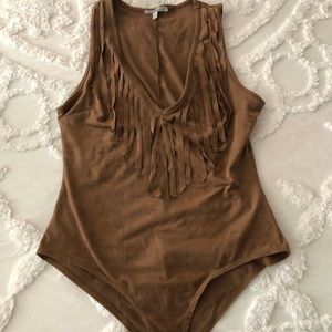 Faux suede fringe bodysuit